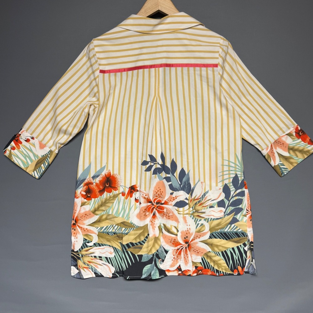 Soft Surroundings Yellow Striped Tropical Floral Tunic Shirt Petite Medium PM - Picture 2 of 6